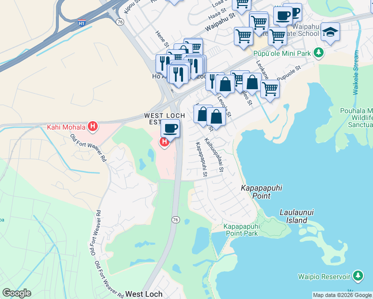 map of restaurants, bars, coffee shops, grocery stores, and more near 91-129 Nehupala Place in Ewa Beach