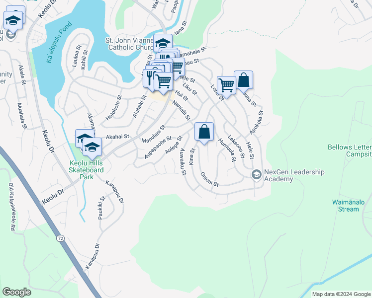 map of restaurants, bars, coffee shops, grocery stores, and more near 1271 Auwaiku Street in Kailua