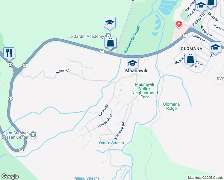 map of restaurants, bars, coffee shops, grocery stores, and more near 1030 Lunaai Street in Kailua