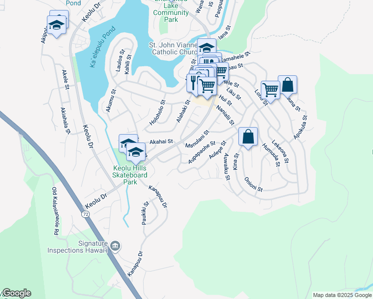 map of restaurants, bars, coffee shops, grocery stores, and more near 1363 Akalani Place in Kailua