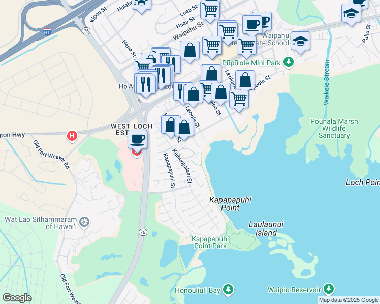 map of restaurants, bars, coffee shops, grocery stores, and more near 94059 Leokane Street in Waipahu