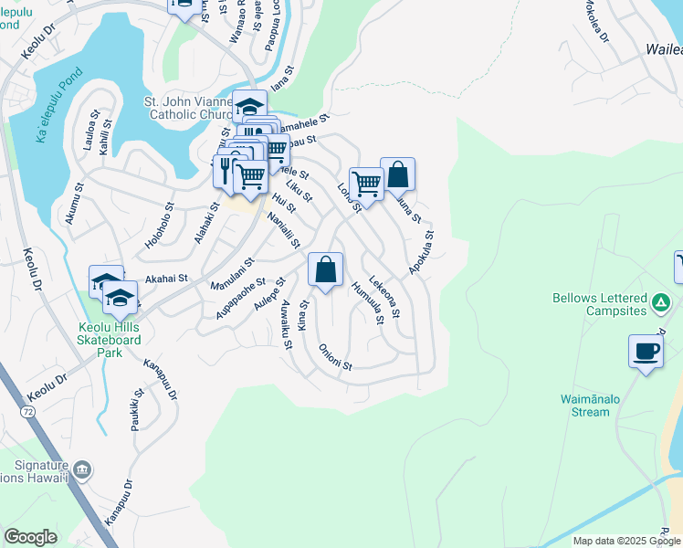 map of restaurants, bars, coffee shops, grocery stores, and more near 1343 Humuula Street in Kailua