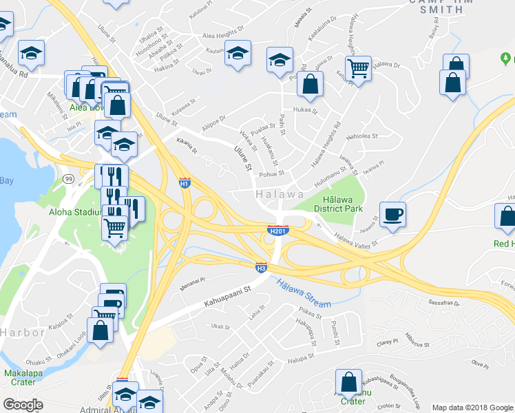 map of restaurants, bars, coffee shops, grocery stores, and more near 99-611 Ulune Street in Halawa