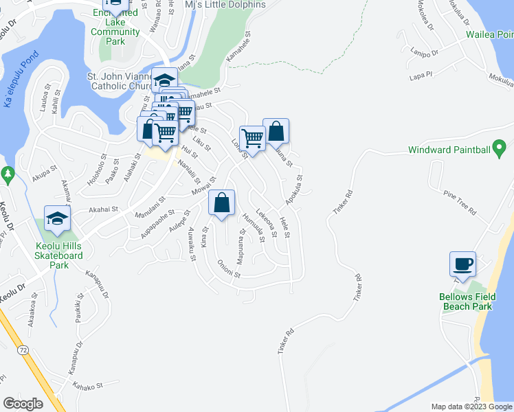 map of restaurants, bars, coffee shops, grocery stores, and more near 1344 Lekeona Street in Kailua