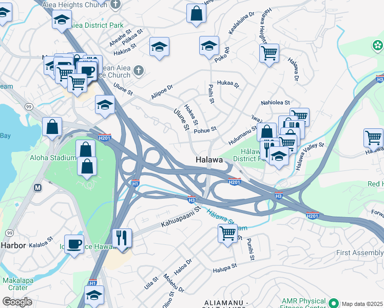 map of restaurants, bars, coffee shops, grocery stores, and more near 99-611 Ulune Street in Halawa