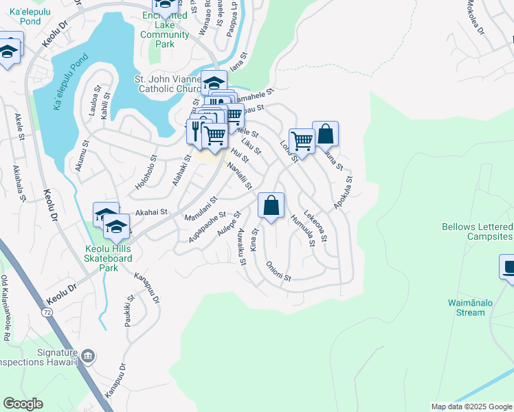 map of restaurants, bars, coffee shops, grocery stores, and more near 1237 Nanialii Street in Kailua