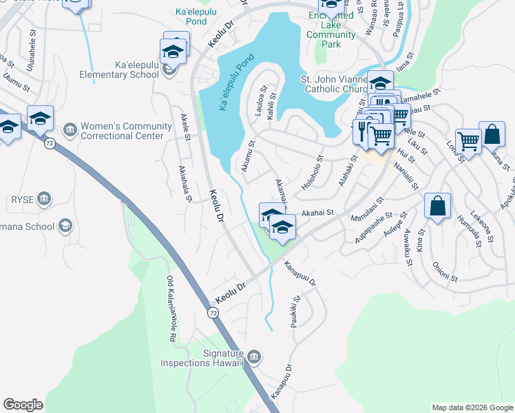 map of restaurants, bars, coffee shops, grocery stores, and more near 1430 Akamai Place in Kailua