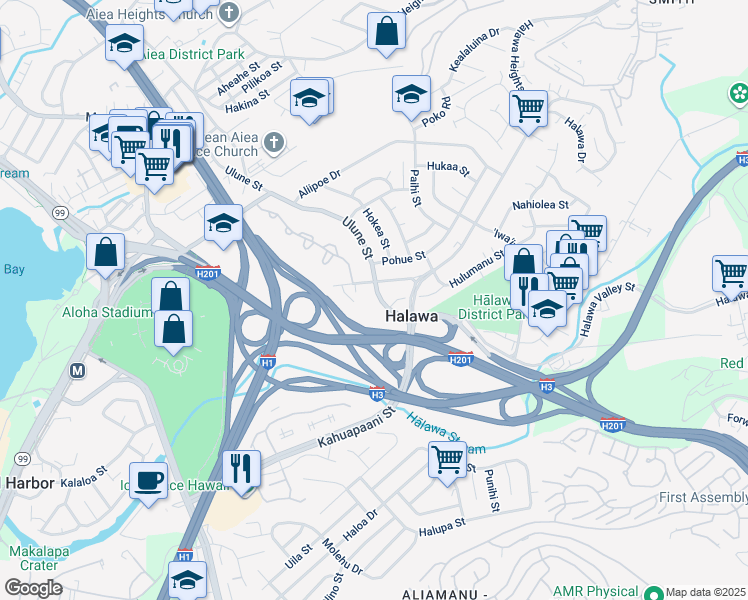 map of restaurants, bars, coffee shops, grocery stores, and more near 99-611 Ulune Street in Aiea