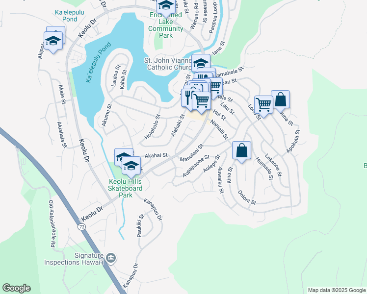 map of restaurants, bars, coffee shops, grocery stores, and more near 1251 Keolu Drive in Kailua