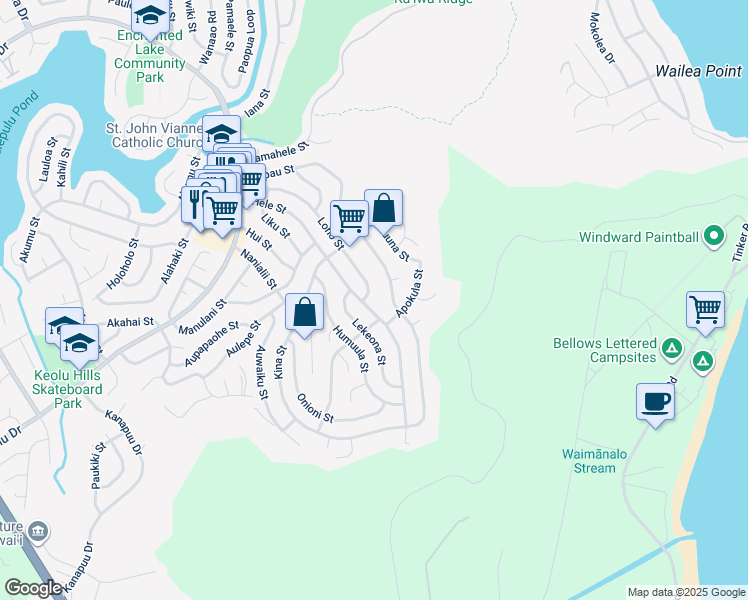 map of restaurants, bars, coffee shops, grocery stores, and more near 1344 Lekeona Street in Kailua