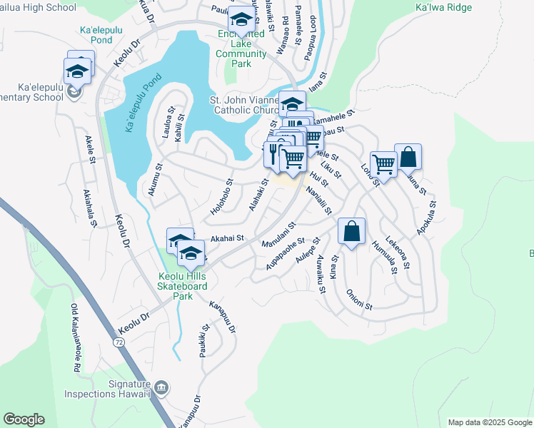 map of restaurants, bars, coffee shops, grocery stores, and more near 1228 Punana Loop in Kailua