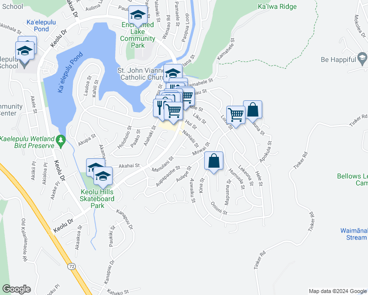 map of restaurants, bars, coffee shops, grocery stores, and more near 1131 Manulani Street in Kailua