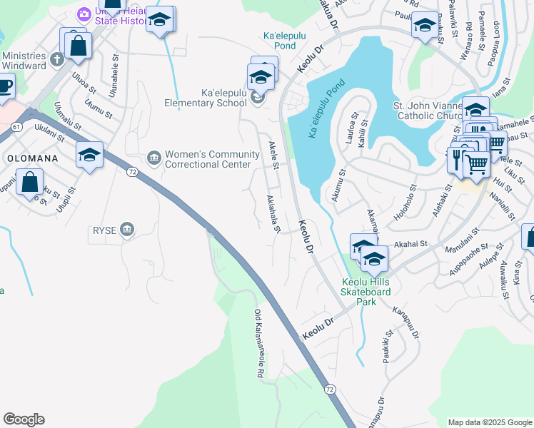 map of restaurants, bars, coffee shops, grocery stores, and more near 1362 Akiahala Street in Kailua