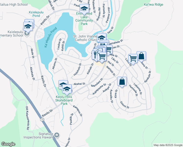 map of restaurants, bars, coffee shops, grocery stores, and more near 1228 Punana Loop in Kailua