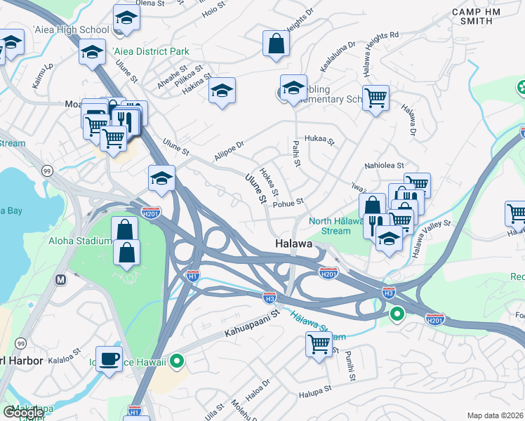 map of restaurants, bars, coffee shops, grocery stores, and more near 99-579 Ulune Street in Aiea