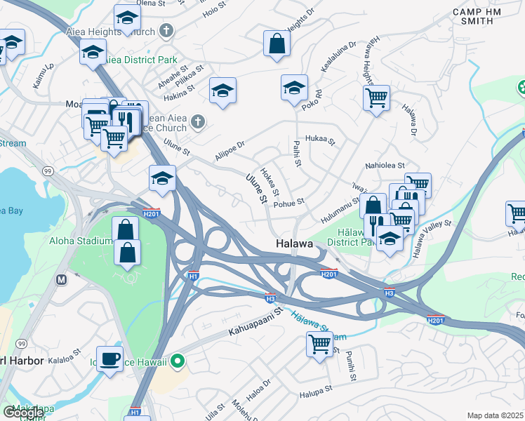 map of restaurants, bars, coffee shops, grocery stores, and more near 99-579 Ulune Street in Aiea