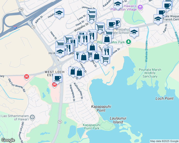 map of restaurants, bars, coffee shops, grocery stores, and more near 94-78 Leokane St in Waipahu