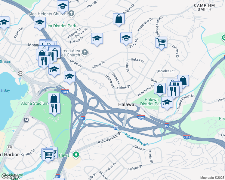 map of restaurants, bars, coffee shops, grocery stores, and more near 99-579 Ulune Street in Aiea