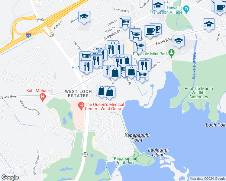 map of restaurants, bars, coffee shops, grocery stores, and more near 94-144 Leoole Street in Waipahu