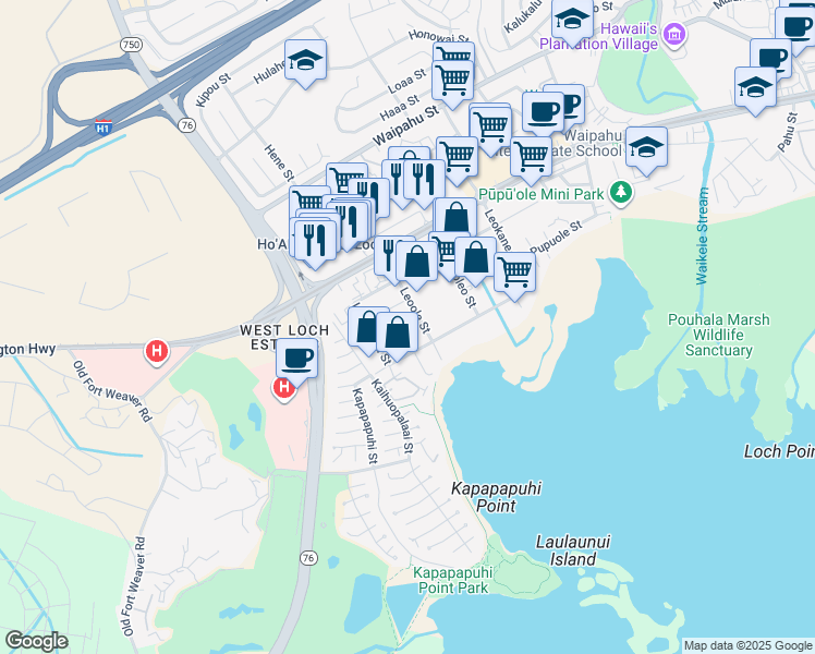 map of restaurants, bars, coffee shops, grocery stores, and more near 94-144 Leoole Street in Waipahu
