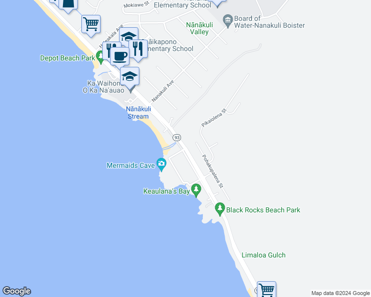 map of restaurants, bars, coffee shops, grocery stores, and more near 89410 Farrington Highway in Waianae