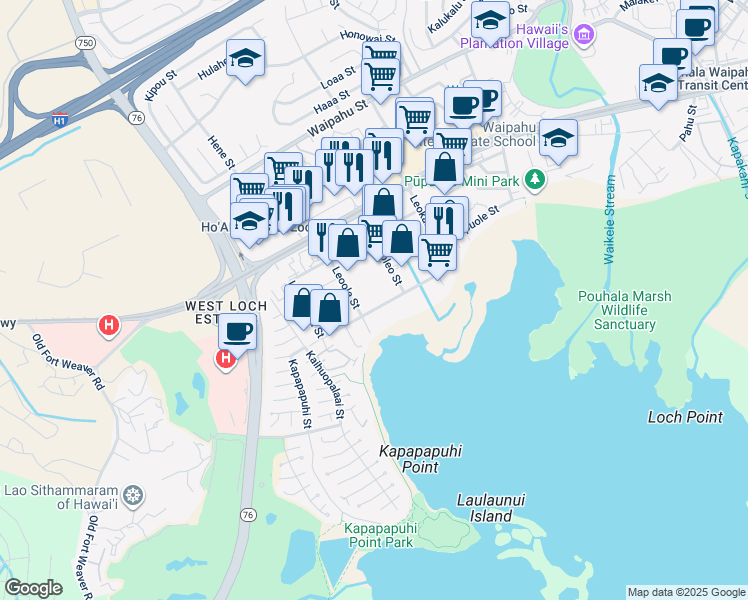 map of restaurants, bars, coffee shops, grocery stores, and more near 94-78 Leokane Street in Waipahu