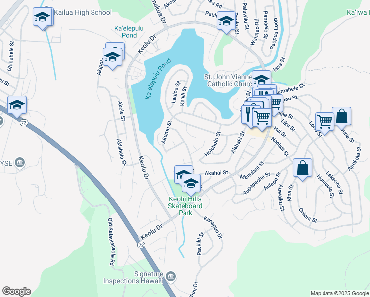 map of restaurants, bars, coffee shops, grocery stores, and more near 1384 Nanawale Place in Kailua