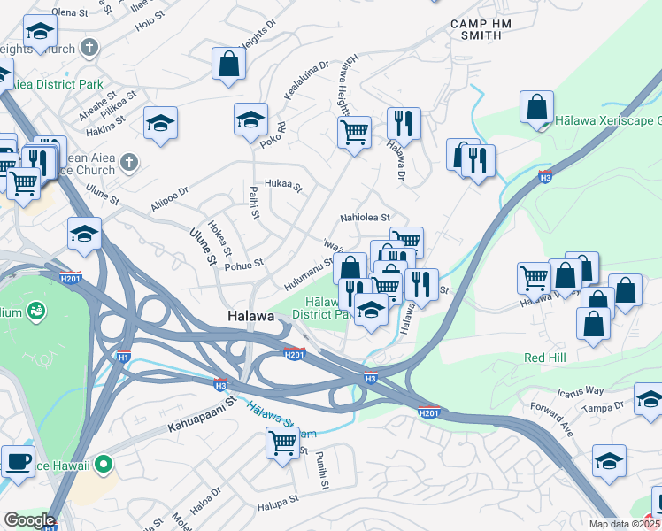 map of restaurants, bars, coffee shops, grocery stores, and more near 99-733 Hulumanu Street in Aiea