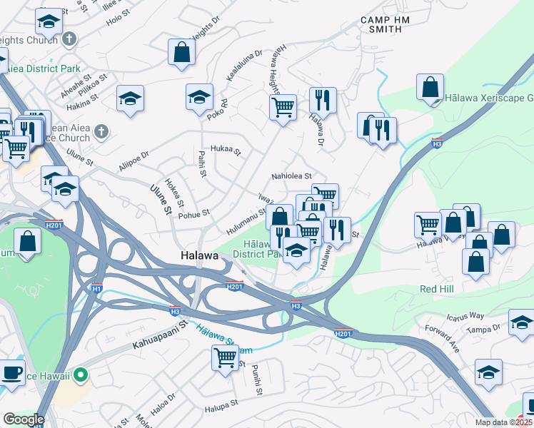 map of restaurants, bars, coffee shops, grocery stores, and more near 99-733 Hulumanu Street in Aiea