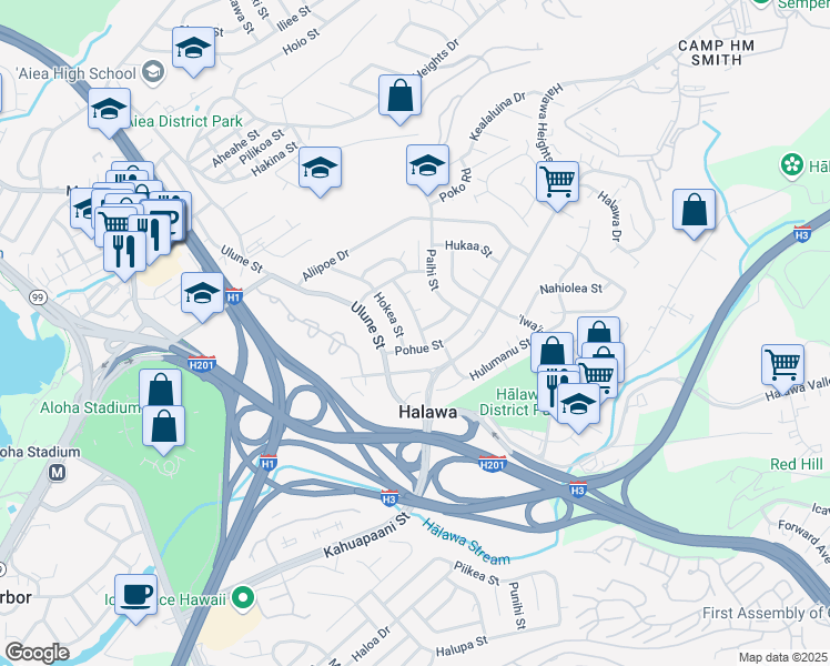 map of restaurants, bars, coffee shops, grocery stores, and more near 99-573 Huakanu Street in Aiea