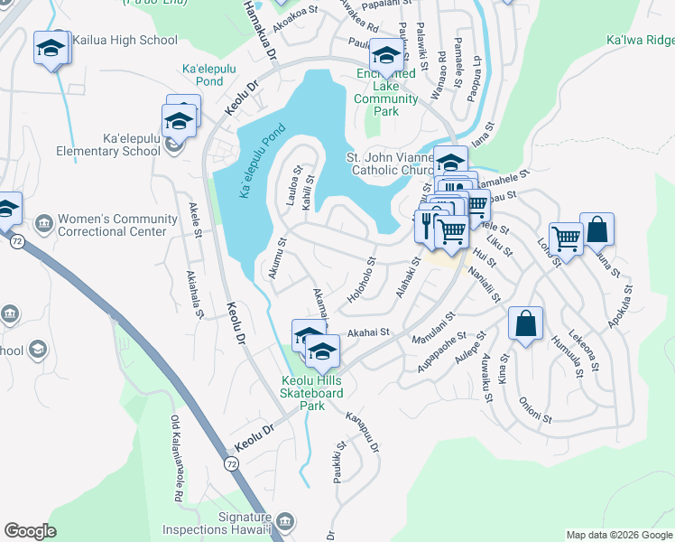 map of restaurants, bars, coffee shops, grocery stores, and more near 1001 Kahili Street in Kailua