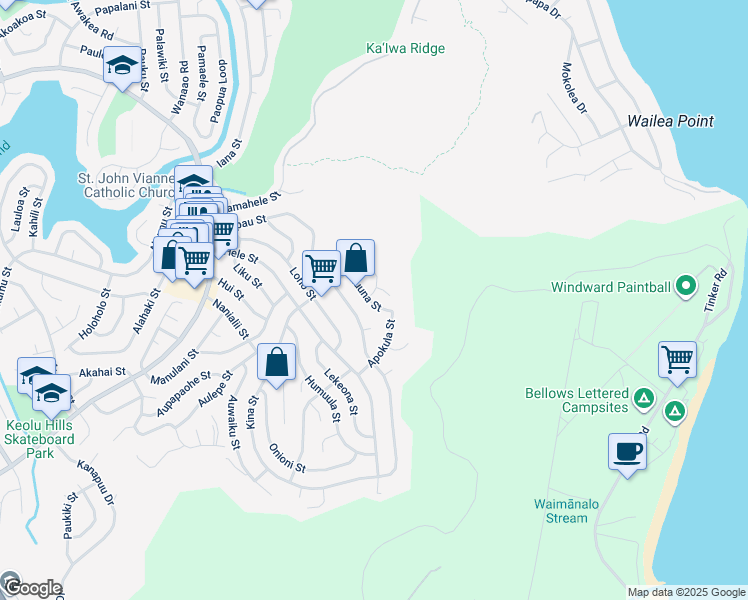 map of restaurants, bars, coffee shops, grocery stores, and more near 1274 Kuuna Street in Kailua
