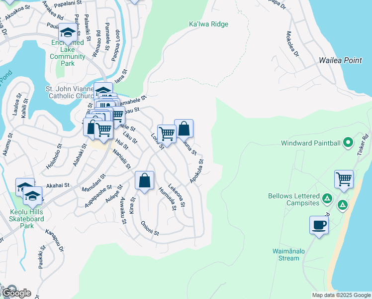 map of restaurants, bars, coffee shops, grocery stores, and more near 1274 Kuuna Street in Kailua
