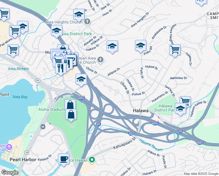 map of restaurants, bars, coffee shops, grocery stores, and more near Kikania Street in Halawa