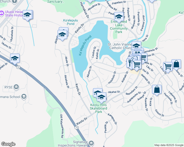 map of restaurants, bars, coffee shops, grocery stores, and more near 1196 Akamai Street in Kailua