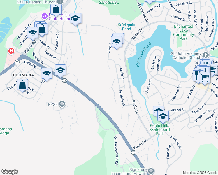 map of restaurants, bars, coffee shops, grocery stores, and more near 1220 Akipohe Street in Kailua