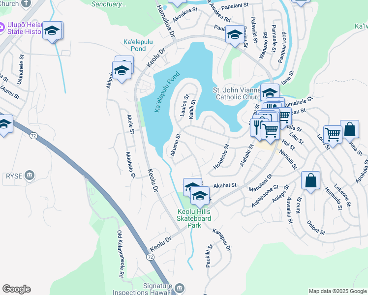 map of restaurants, bars, coffee shops, grocery stores, and more near 1196 Akamai Street in Kailua