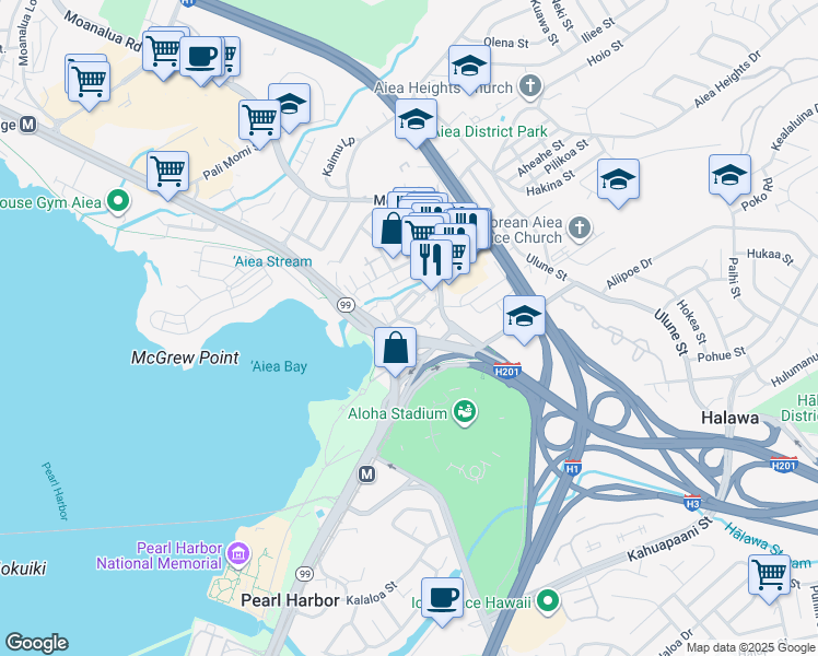map of restaurants, bars, coffee shops, grocery stores, and more near 99-115 Uahi Street in Aiea