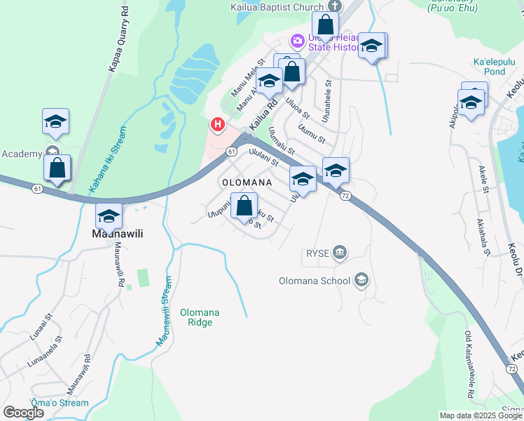 map of restaurants, bars, coffee shops, grocery stores, and more near 543 Uluhaku Street in Kailua