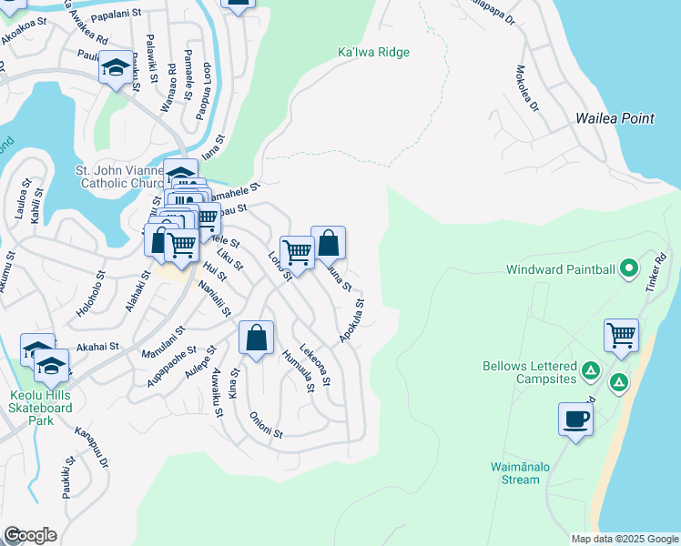 map of restaurants, bars, coffee shops, grocery stores, and more near 1274 Kuuna Street in Kailua