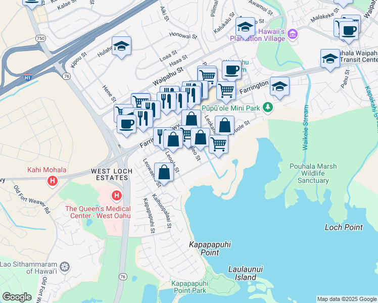 map of restaurants, bars, coffee shops, grocery stores, and more near 94-150 Leoleo Street in Waipahu