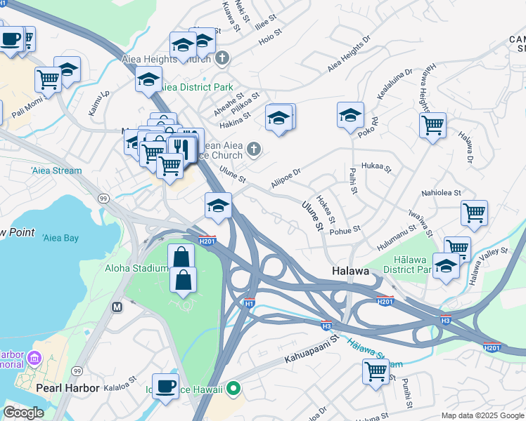 map of restaurants, bars, coffee shops, grocery stores, and more near 2865 Hapue Loop in Aiea