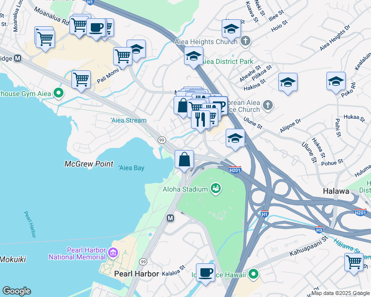 map of restaurants, bars, coffee shops, grocery stores, and more near 99-115 Uahi Street in Aiea