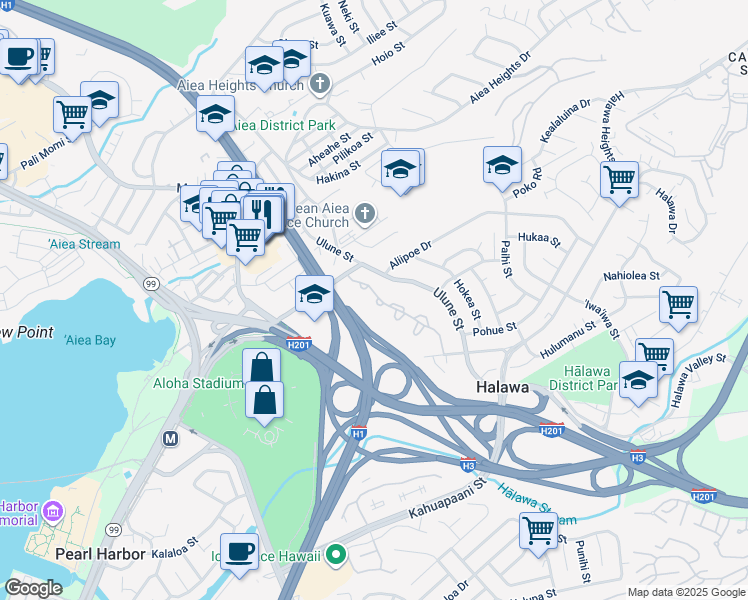 map of restaurants, bars, coffee shops, grocery stores, and more near 2865 Hapue Loop in Aiea