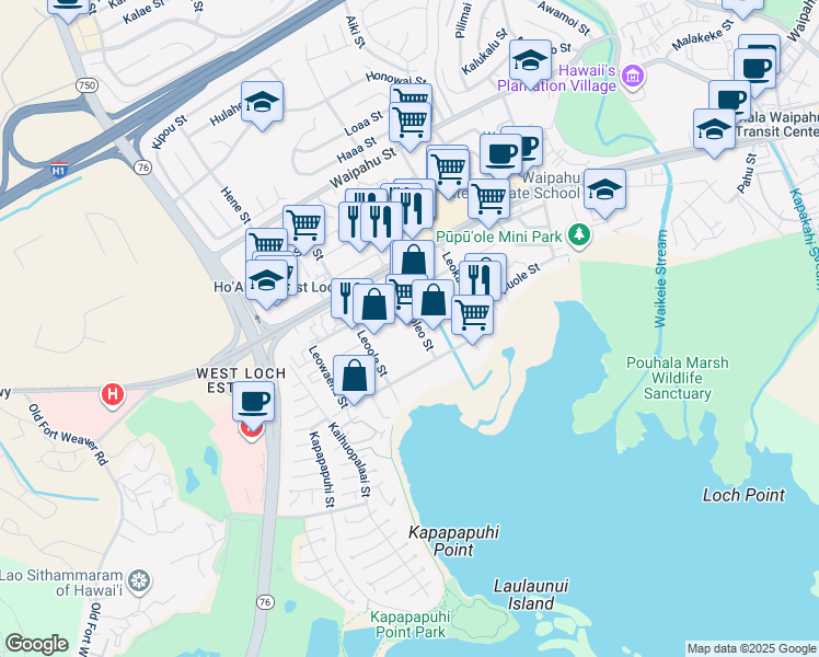 map of restaurants, bars, coffee shops, grocery stores, and more near 94-150 Leoleo St in Waipahu