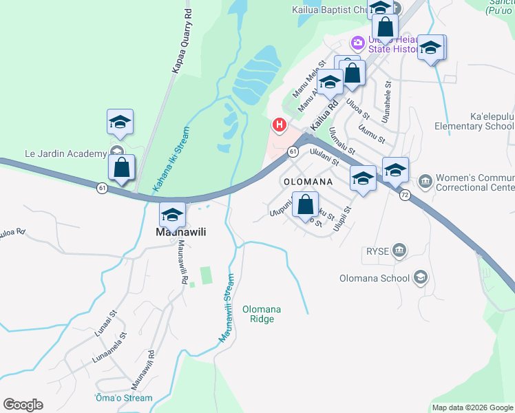 map of restaurants, bars, coffee shops, grocery stores, and more near 1595 Uluhao Place in Kailua