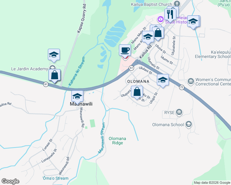 map of restaurants, bars, coffee shops, grocery stores, and more near 1595 Uluhao Place in Kailua
