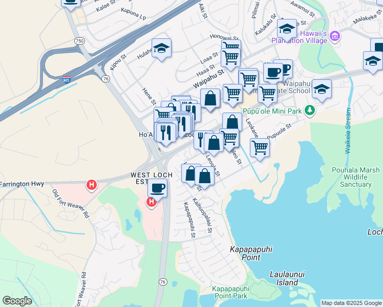 map of restaurants, bars, coffee shops, grocery stores, and more near 94-074 Leonui Street in Waipahu