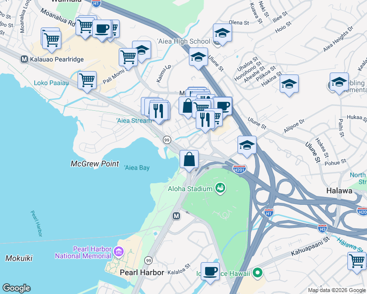 map of restaurants, bars, coffee shops, grocery stores, and more near 99-32 Laulima Street in Aiea