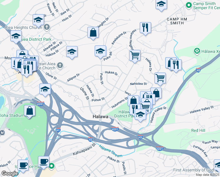 map of restaurants, bars, coffee shops, grocery stores, and more near 99-572 Paihi Street in Aiea